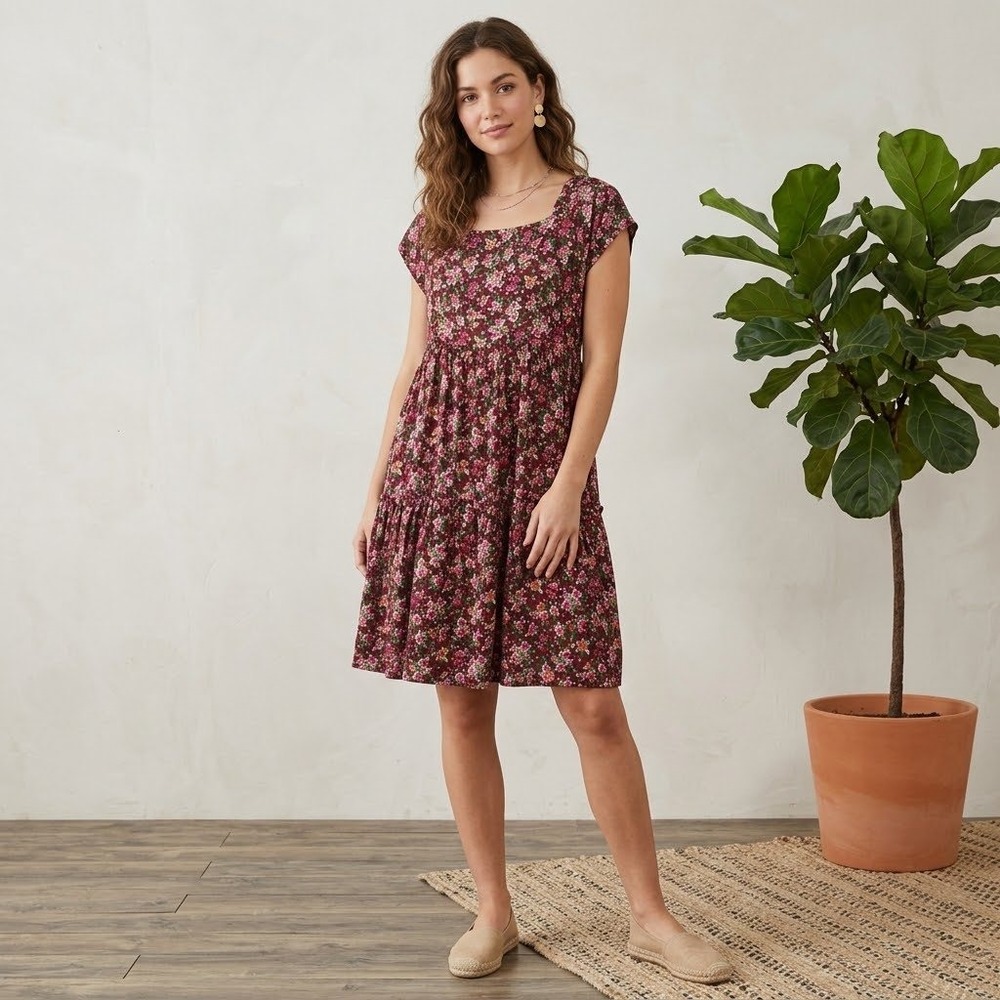 Natural Life Berkley Ditsy Floral Tiered Baby Doll Dress L/XL Square Neck Boho